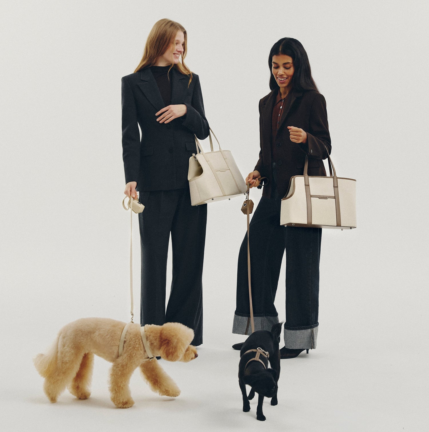 Two women in formal attire walking with two dogs on a plain background