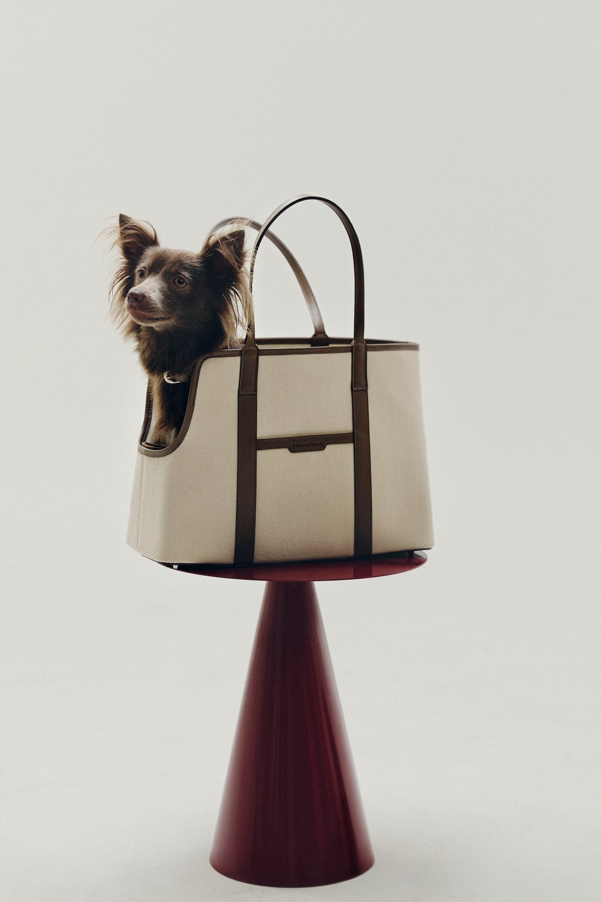 A cream and dark brown leather tote bag with a small dog peeking out from the top, displayed on a dark red pedestal against a light gray background.